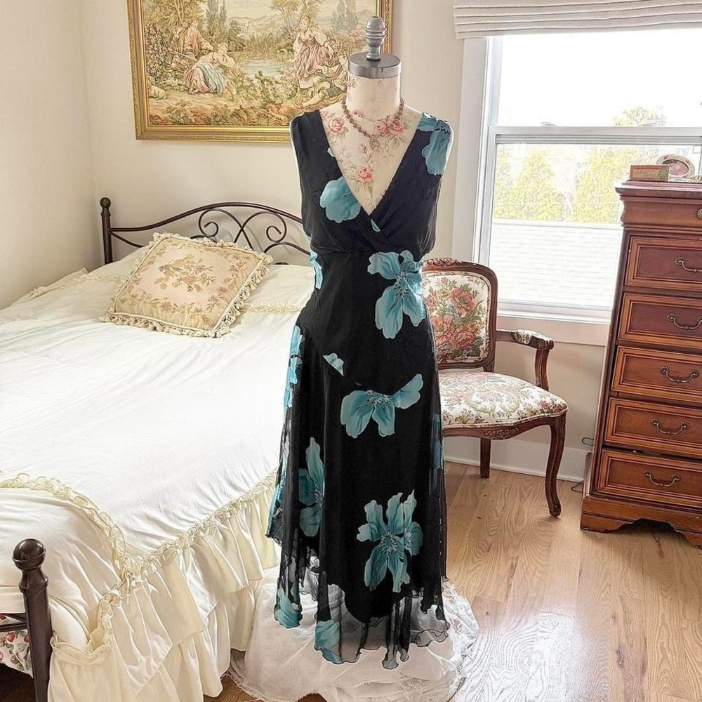 black floral fairy dress  90s madison leigh black blue floral midi dress size 10